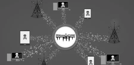 Symbolgrafik: Mehrere PCs mit Totenkopfsymbol sind verbunden zu einem Team aus Menschen.