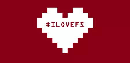Pixelgrafik eines weißen Herzens auf rotem Grund. Darin der Text "'ILOVEFS"
