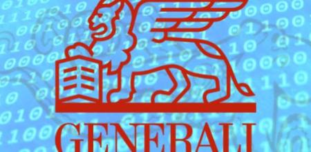 Das Logo von Generali in rot vor einem hellblauen Hintergrund mit einer kaum sichtbaren Aneinandereihung von 1en und 0en.
