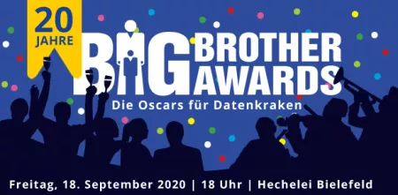 Grafik: Logo der BBAs mittig, im Vordergrund die Silhouette von feiernden Menschen, oben links ein gelber Banner mit der Aufschrift „20 Jahre“.