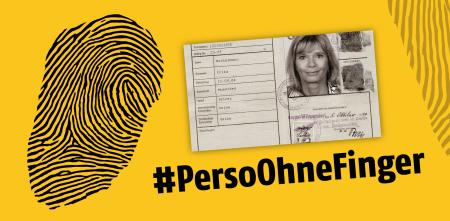 Grafik: #PersoOhneFinger mit einem Fingerabdruck und einem Personalausweis.