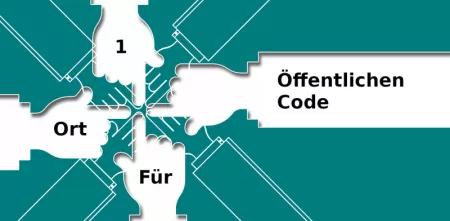 Grafik: Vier Hände mit ausgestrecktem Zeigefinger, die sich berühren. Darin steht je Hand folgender Text: „1 Ort für öffentlichen Code“.