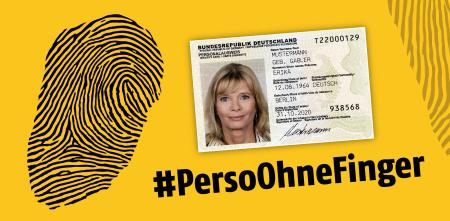 Grafik: #PersoOhneFinger mit einem Fingerabdruck und einem Personalausweis.