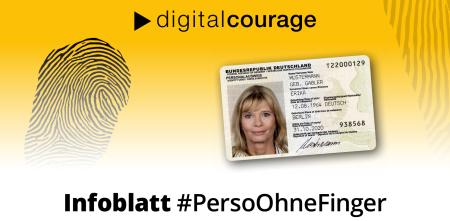 Infoblatt #PersoOhneFinger mit einem Fingerabdruck und einem Personalausweis.