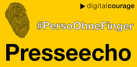 Die Grafik zeigt einen großen Fingerabdruck, welcher vom ehemaligen Innenminister Schäuble stammt. Das Logo von Digitalcourage, der Hashtag "PersoOhneFinger" und der Schriftzug "Presseecho" sind abgebildet.