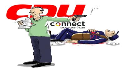 Vor dem Hintergrund des Logos der CDU und der CDU-connect-App steht ein Mann mit Pistole. Er hält einen Brief in der Hand und hat den Botschafter erschossen.