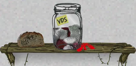 Ein Einmachglas steht auf einem Regal. Das Einmachglas ist beschriftet mit "VDS" und enthält eine schimmelnde, rote Flüssigkeit. Unter dem Glas ist Teil des SPD-Logos zu sehen.
