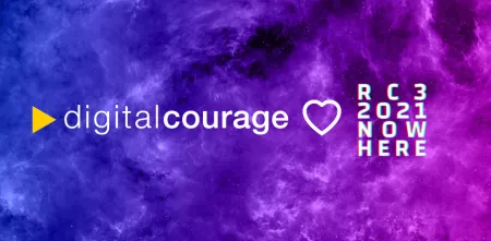 Grafik: Logos von Digitalcourage und dem RC3 auf einem Farbverlauf (blau-violet-pink).