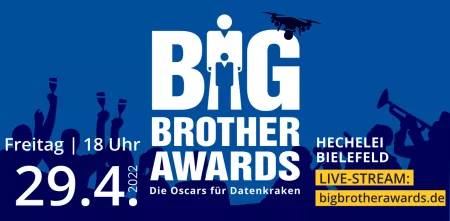 Banner für die BigBrotherAwards 2022 inkl. Datum, Uhrzeit und Ort.