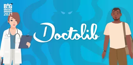 Links eine Ärztin, rechts ein weiterer Mensch, in der Mitte der Schriftzug Doctolib, im Hintergrund eine Krake