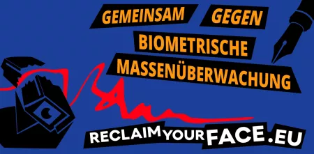 Schriftzug "Gemeinsam gegen biometrische Massenüberwachung" vor dem Hintergrund einer Überwachungskamera, die durch den roten Strich einer Unterschrift zerbricht. Rechts oben ist ein Füllfederhalter zu sehen. Unten die URL der Kampagnenseite: ReclaimYourFace.eu