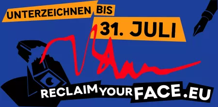 Grafik mit einer abstrahierten Überwachungskamera (in schwarz), einer Unterschrift (in rot) und einem Füllfederhalter (in schwarz) auf blauem Untergrund. Auf einem orangenen Banner steht: "Unterschreiben bis 31. Juli".