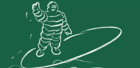 Zeichnung einer dick gepolsterten Figur auf einem Surfbrett vor grünem Hintergrund.