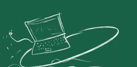 Gezeichneter Laptop auf Surfboard vor gründem Hintergrund.