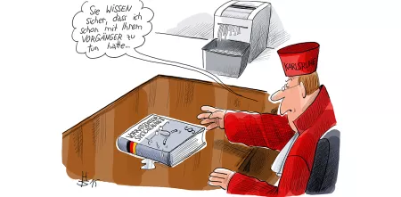  Karikatur: Richter vom Bundesgerichtshof Karlsruhe führt eine Hand zu einem vor ihm auf dem Tisch liegenden Buch. Das Buch hat ein Gesicht und schwitzt Schweißtropfen. Aufschrift: Vorratsdatenspeicherung II. In einer Sprechblase: "Sie wissen sicher, dass ich schon mit Ihrem Vorgänger zu tun hatte...". Im Hintergrund ist ein Aktenvernichter zu sehen.