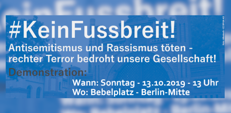 Grafik mit weißer Schrift auf blauem Hintergrund: #KeinFussbreit! Und Daten zur Veranstaltung.