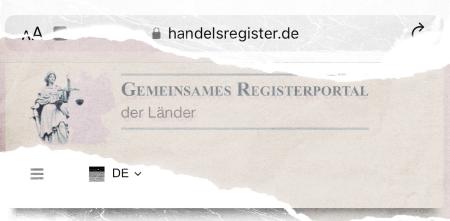 Kopf der Website "Handelsregister.de" mit Schriftzug "Gemeinsames Registerportal der Länder" und Justizia-Logo