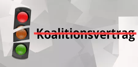 Eine zerbrochene Ampel, daneben ein durchgestrichenes "Koalitionsvertrag".