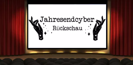 Eine Kinoleinwand, aus der Perspektive einer Besucherin. Auf der Leinwand ist das Aufmacherbild zum "Jahresendcyber" zu sehen.