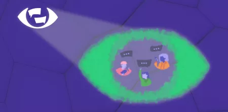 Links oben das Logo von StopScanningMe. Daraus scheint ein augenförmiger Lichtkegel auf eine Fläche. In dem Lichtkegel sind drei Menschen.