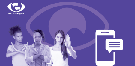 Das Logo der „Stop Scanning Me“ Kampagne vor Lila Hintergrund. Rechts ein Smartphone, links drei Personen, die ihre Ablehnung signalisieren.