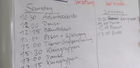 Flipchart mit Arbeitsplanung für Samstag und Sonntag. 