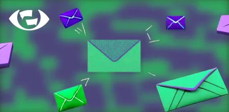 Mehrere Briefe vor lila/grünem Hintergrund. Links oben das Logo der ChatkontrolleSTOPPEN-Kampagne.