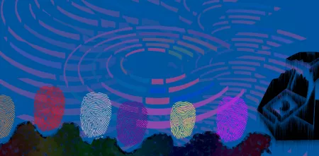 Mehrere Menschen, deren Gesicht als Fingerabdruck dargestellt ist, vor blauem Hintergrund und einer bunt abgewandelten Form des Europäischen Parlaments. Oben der Schriftzug: "Reclaim Your Face".