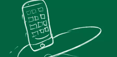 Gezeichnetes Smartphone auf einem Surfboard vor grünem Hintergrund.