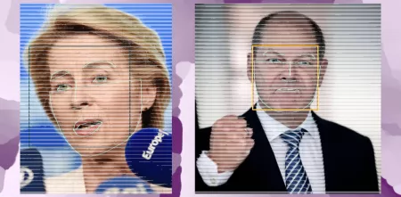 EU-Kommissionpräsidentin Ursula von der Leyen und Bundeskanzler der Bundesrepublik Deutschland Olaf Scholz mit symbolischer Gesichtserkennung über ihren Gesichtern und vor verkünsteltem Hintergrund.
