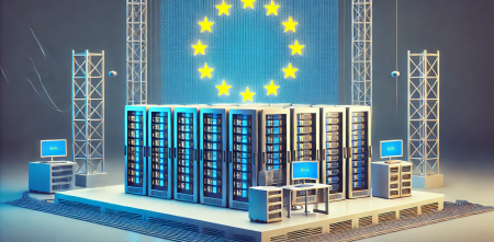 Computercenter mit großer Europaflagge