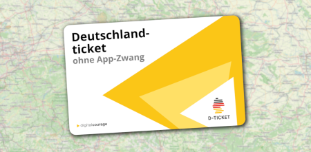 Eine Chipkarte einer fiktiven Verkehrsgesellschaft (hier als Werbung für Digitalcourage). Dazu der Text: „Deutschlandticket ohne App-Zwang“.