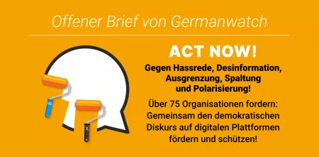 Kampagnen-Bild von Germanwatch zu offenem Brief: „Demokratischen Diskurs auf digitalen Plattformen fördern und schützen“