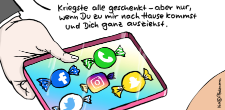 Illustration: Ein Tablett mit Bonbons eingehüllt in Papier, das die Logos von Facebook, Instagram, Snapchat und Co. abbildet. Dazu der Text: „Kriegste alle geschenkt – aber nur, wenn Du zu mir nach Hause kommst und Dich ganz ausziehst.“