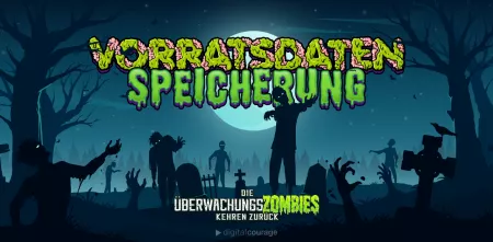 „Vorratsdatenspeicherung“ in Comic-hafter Schrift, darunter das Überwachungszombies- und das Digitalcourage-Logo, gruseliger Hintergrund