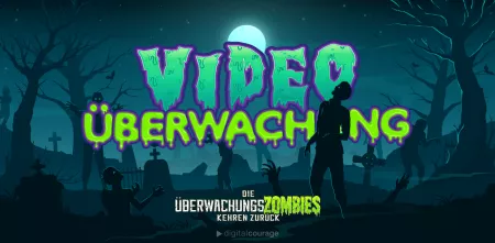 „Videoüberwachung“ in Comic-hafter Schrift , darunter das Überwachungszombies- und das Digitalcourage-Logo, gruseliger Hintergrund