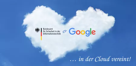 Eine Wolke in Herzform. Darin die Logos des BSI und Google. Unter der Wolke als Text: „… in der Cloud vereint!“