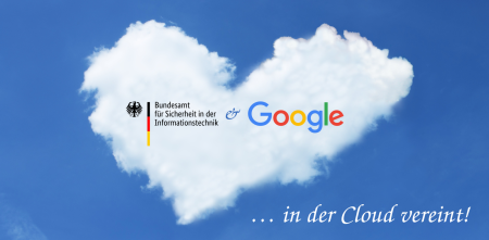 Eine Wolke in Herzform. Darin die Logos des BSI und Google. Unter der Wolke als Text: „… in der Cloud vereint!“