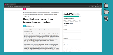 Screenshot der Petitionsseite „Deepfakes von echten Menschen verbieten!“