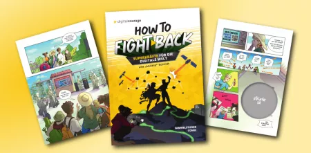 Titelseite des Comics „How to fight back“ plus zwei Innenseiten.