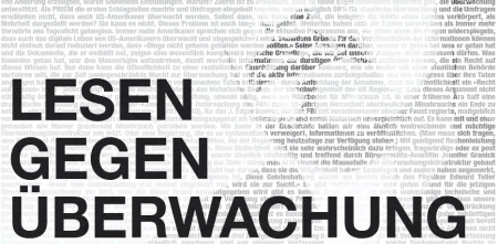 Aus Nullen und Einsen das Bild von Edward Snowden nase abwärts in schwarz-weiß. Dafürber der Schirftzug "Lesen gegen Überwachung".