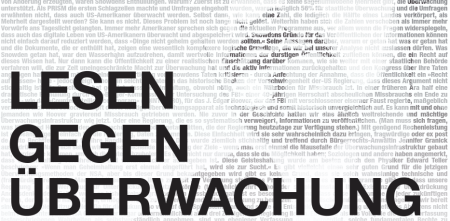 Aus Nullen und Einsen das Bild von Edward Snowden nase abwärts in schwarz-weiß. Dafürber der Schirftzug "Lesen gegen Überwachung".