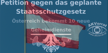 „Petition gegen das geplante Staatsschutzgesetz“ – im Hintergrund eine österreichische Flagge.