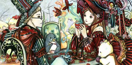 Illustration von „Alice im Wunderland“ teetrinkend an einem Tisch mit einer anderen Person.
