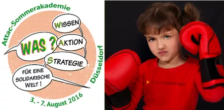 Collage aus einem Flyer für die Attac-Sommerakademie (links) und einem Mädchen mit Boxhandschuhen (rechts).
