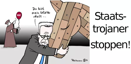 Karikatur „Staatstrojaner stoppen“: Ein Mensch, der sich an den Kopf eines Holzpferdes klammert. 