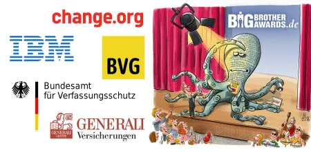 Ene Illustration einer Datenkrake auf einer Bühne. Links daneben Logos von change.org, IBM, BVG, Bundesamt für Verfassungsschutz und Generali.