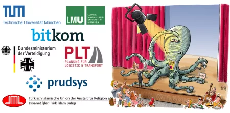 Ene Illustration einer Datenkrake auf einer Bühne. Links daneben Logos der BBA-Preisträger 2017.