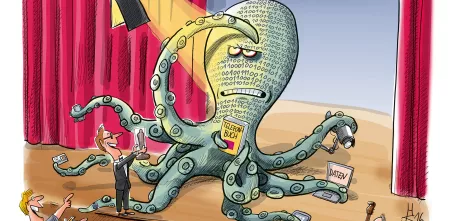 Eine Illustration einer Datenkrake auf einer Bühne.