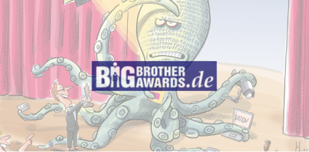 Ene Illustration einer Datenkrake auf einer Bühne (geringe Sättigung). Darüber das Logo der BigBrotherAwards.